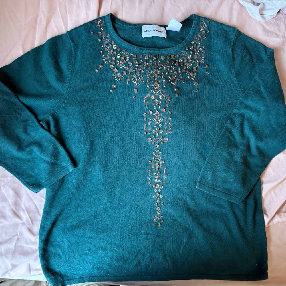 Alfred Dunner Teal Sweater with Gold Bead Embellishment